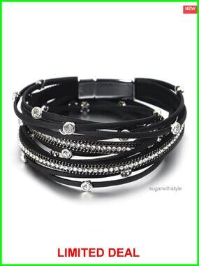 Leather Wrap Bracelet Women Boho Western Layered Cuff Handmade Rhinestone